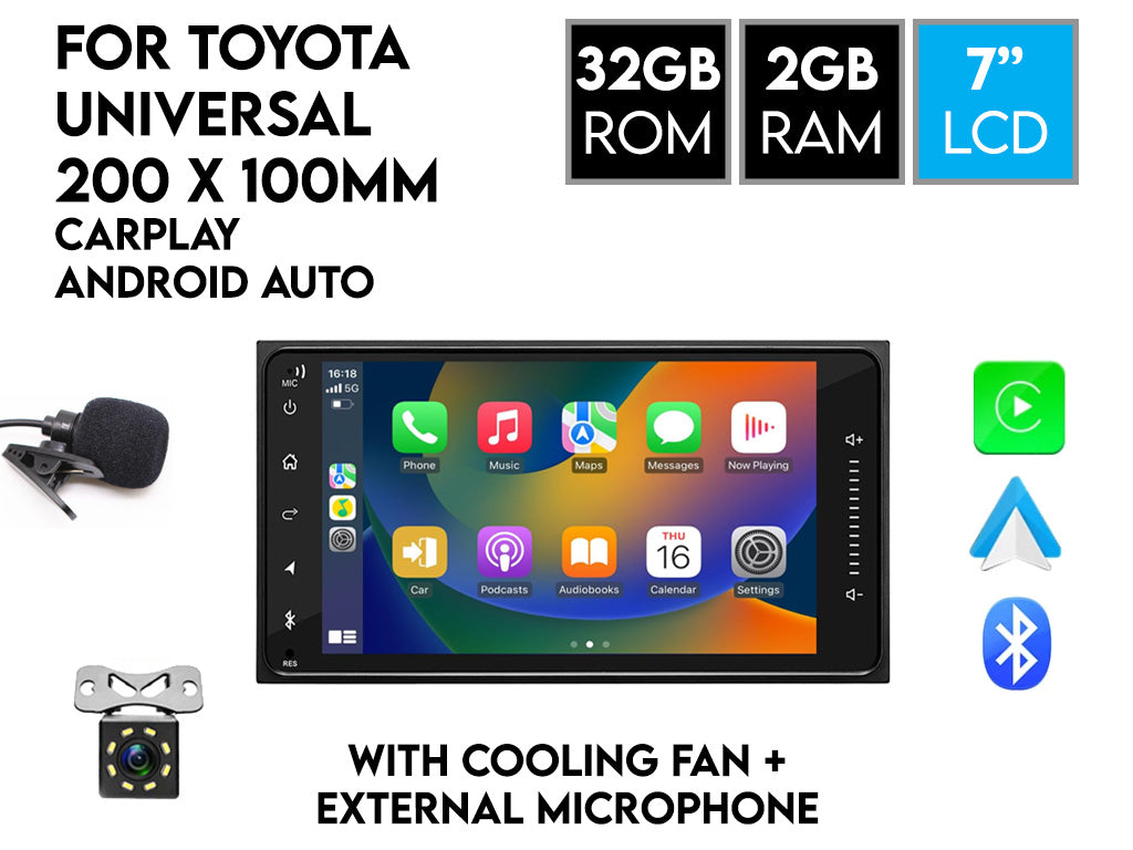 For Toyota 200x100mm 7" Car Stereo – Wireless CarPlay & Android Auto, Cooling Fan & External Mic