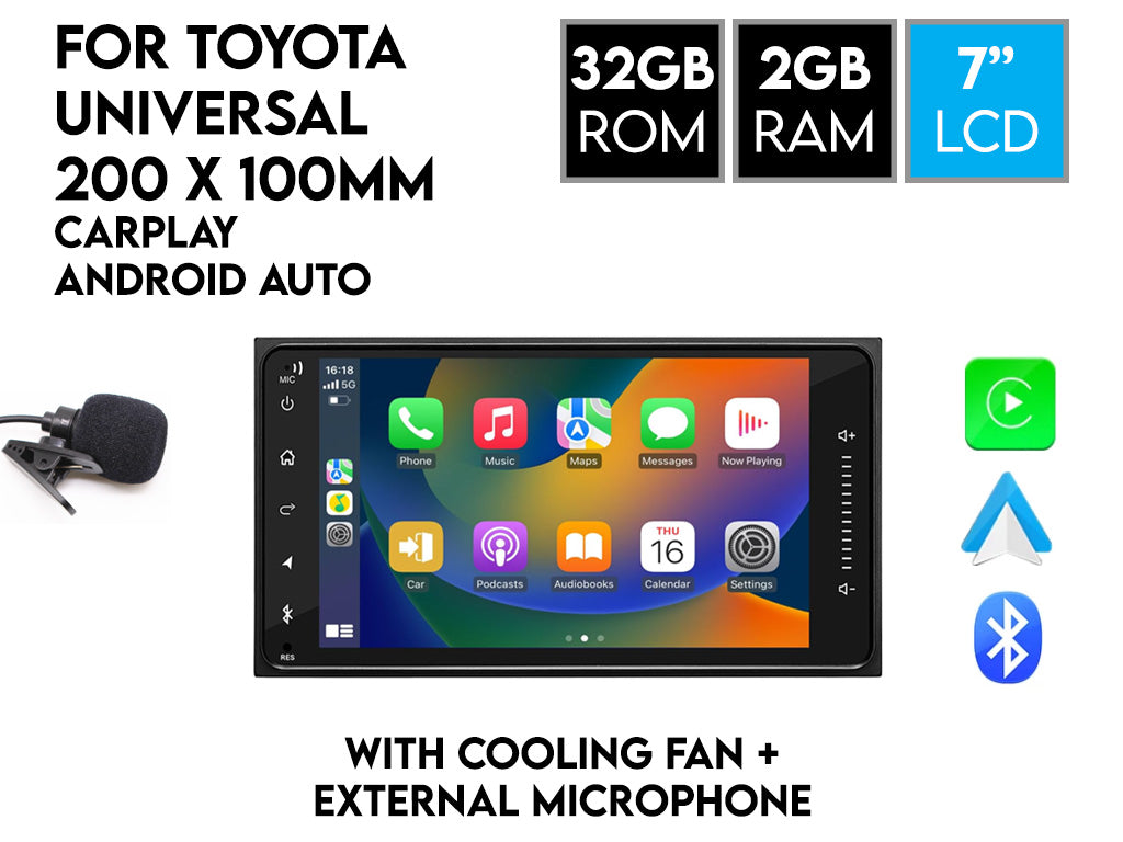 For Toyota 200x100mm 7" Car Stereo – Wireless CarPlay & Android Auto, Cooling Fan & External Mic