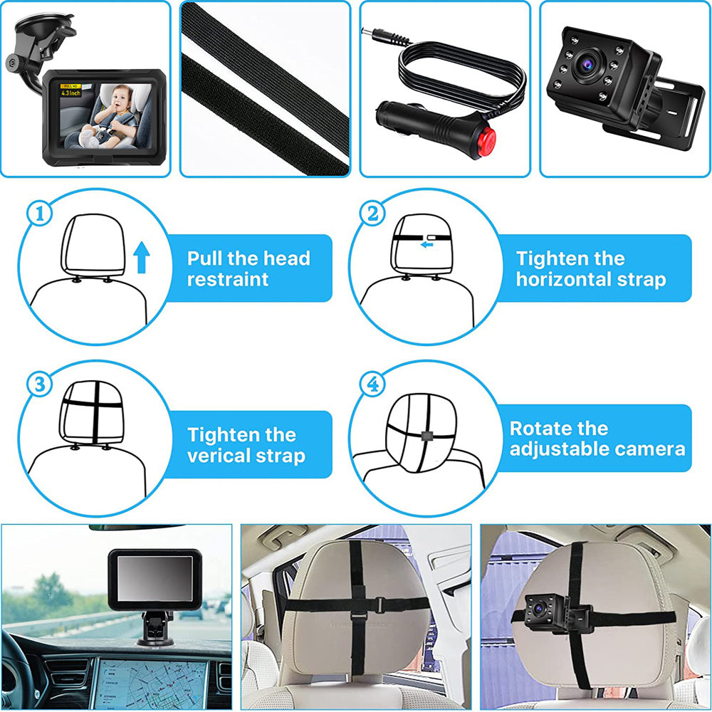 1080P Baby Car Seat Monitor with Night Vision - Adjustable 360° Rotation for Baby & Pet Monitoring