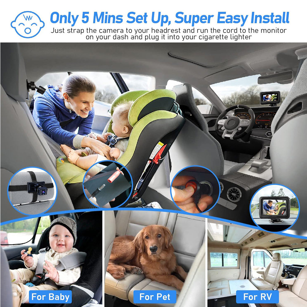 1080P Baby Car Seat Monitor with Night Vision - Adjustable 360° Rotation for Baby & Pet Monitoring