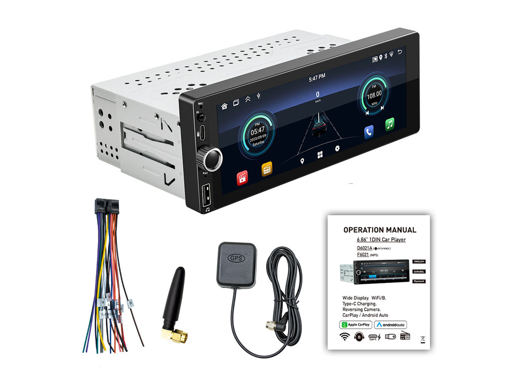 6.86" Single Din Wireless CarPlay Android Auto Rotary Volume Wheel