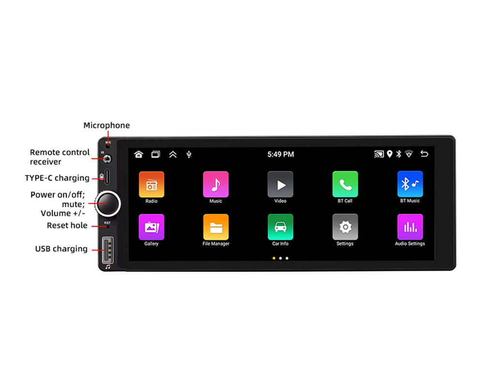 6.86" Single Din Wireless CarPlay Android Auto Rotary Volume Wheel