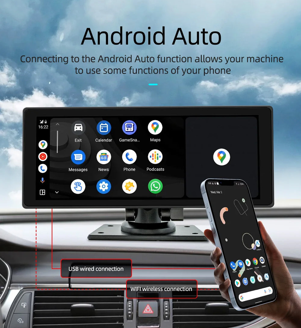 10.26" Portable CarPlay Android Auto Dash Cam Monitor