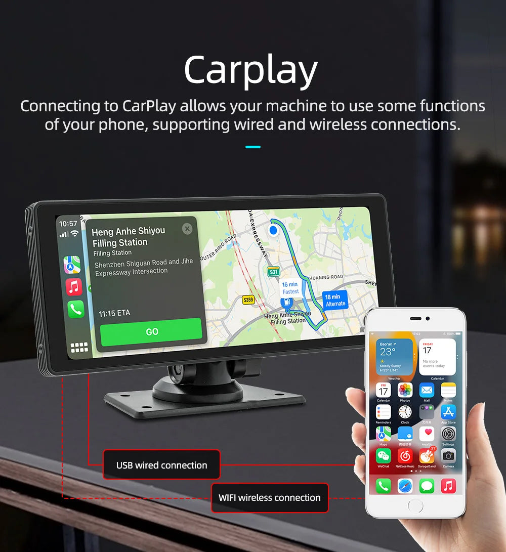 10.26" Portable CarPlay Android Auto Dash Cam Monitor