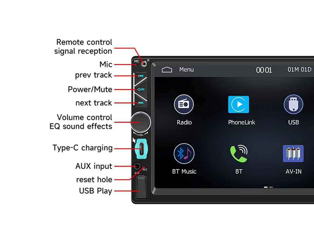 7" 2-DIN Wireless CarPlay Android Auto Head Unit with Type-C