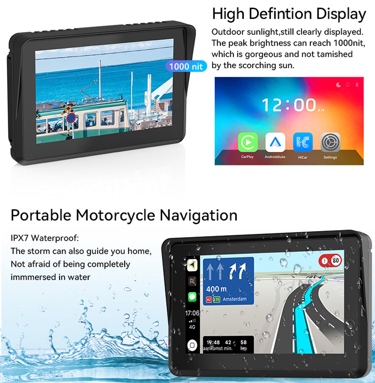 5" Motorbike CarPlay Android Auto Navigator IPX7 Waterproof