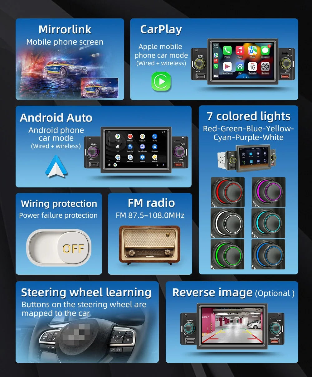 5" Single Din Car MP5 Wireless CarPlay Android Auto