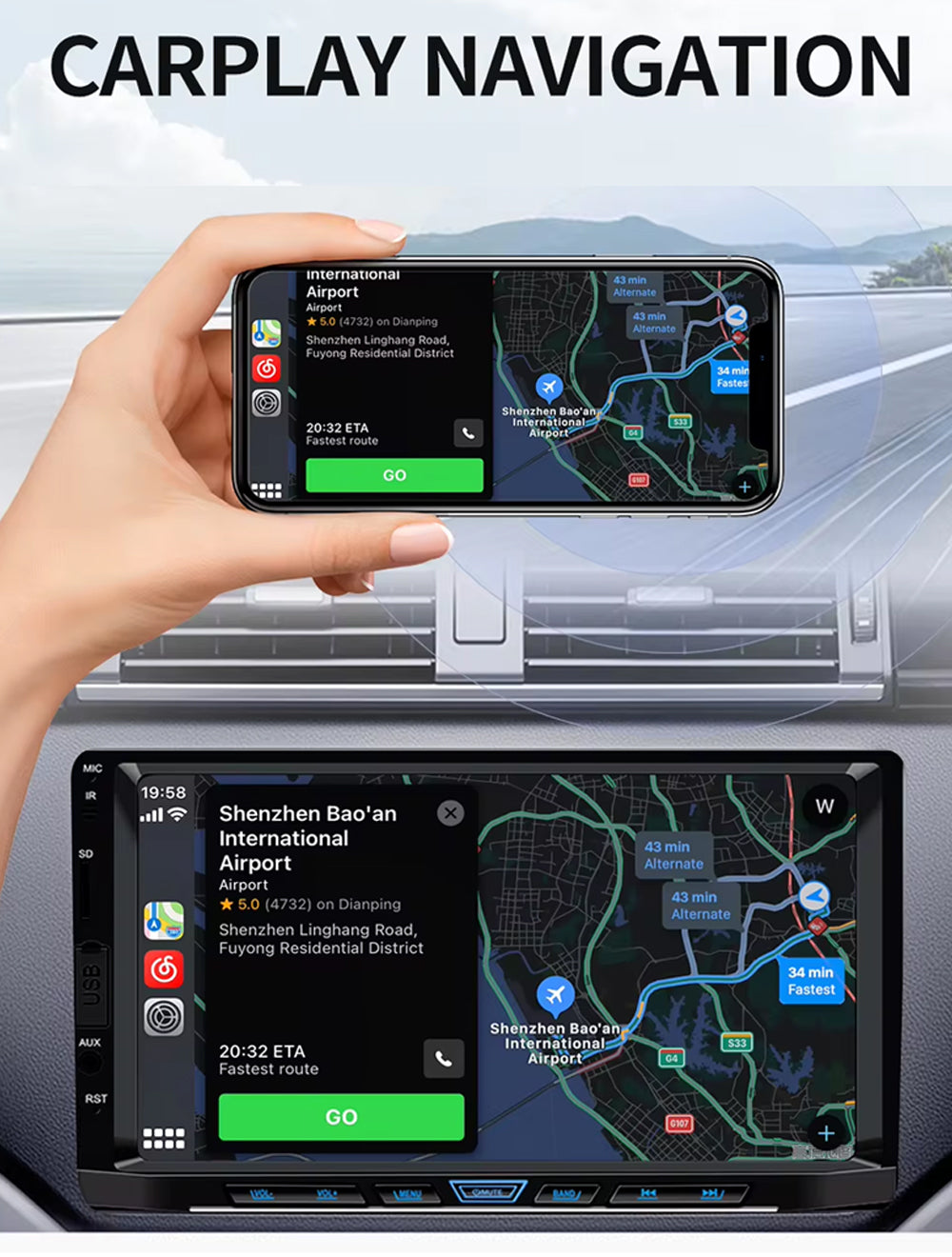 7" Wired CarPlay Android Auto Head Unit Physical Buttons