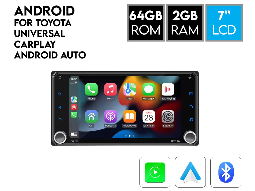 For Toyota 7" Car Stereo with Wireless CarPlay, Android Auto, Rotary Volume Wheel – 2GB RAM, 64GB Storage
