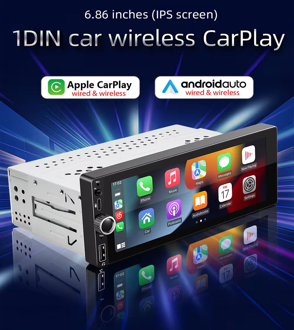 6.86" Single Din Wireless CarPlay Android Auto Rotary Volume Wheel