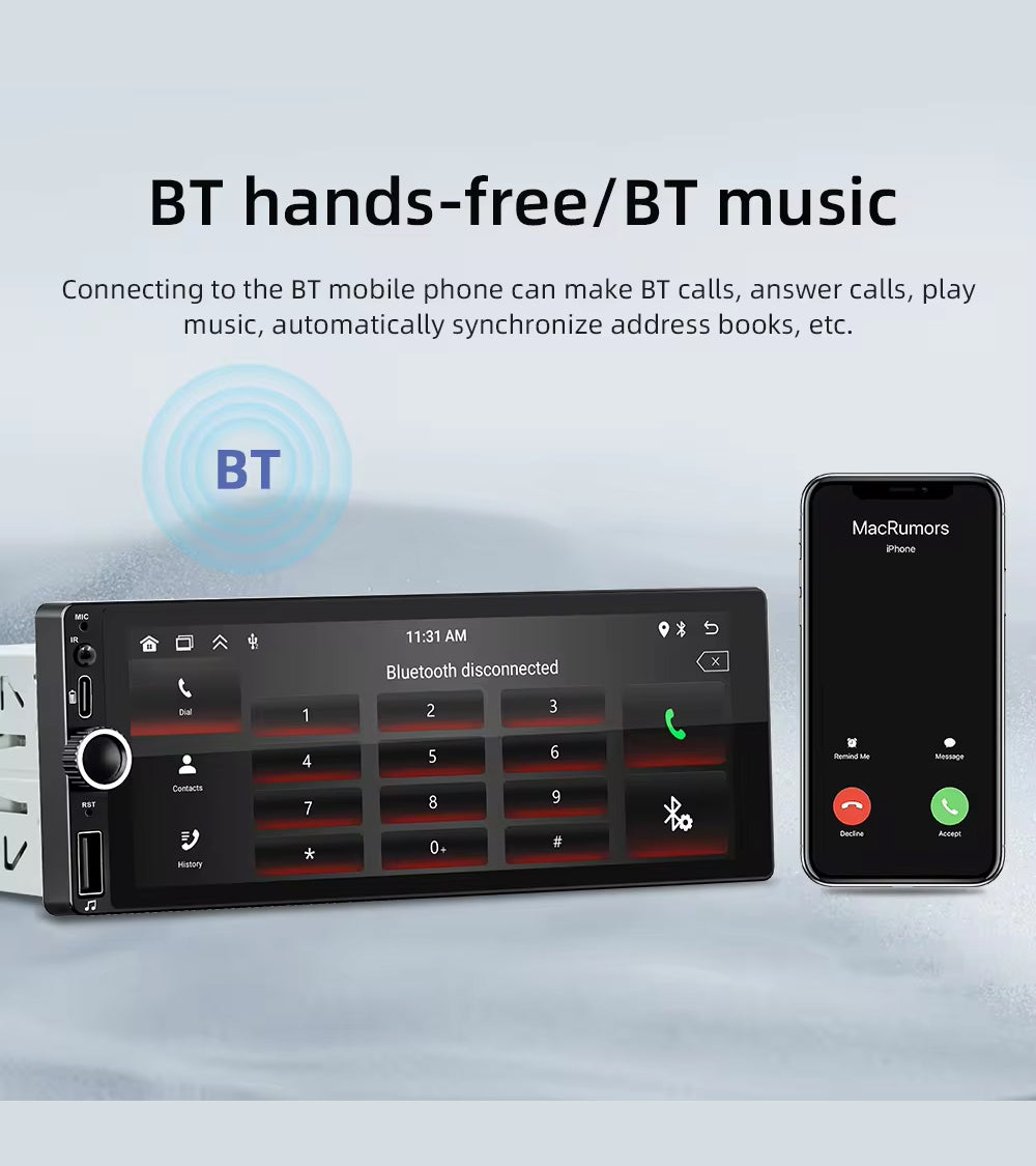 6.86" Single Din Wireless CarPlay Android Auto Rotary Volume Wheel