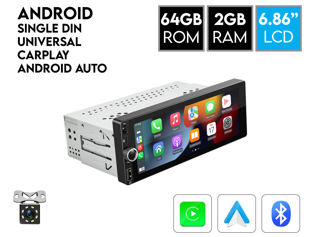 6.86" Single Din Wireless CarPlay Android Auto Rotary Volume Wheel