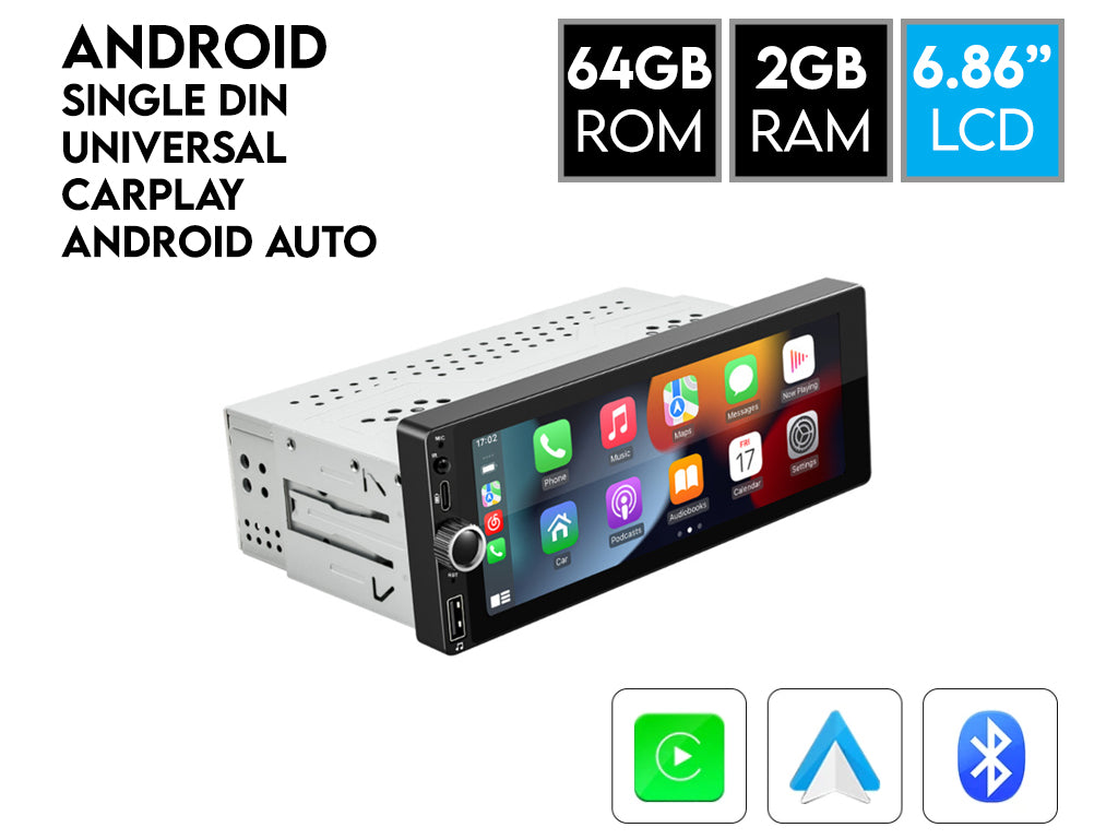 6.86" Single Din Wireless CarPlay Android Auto Rotary Volume Wheel