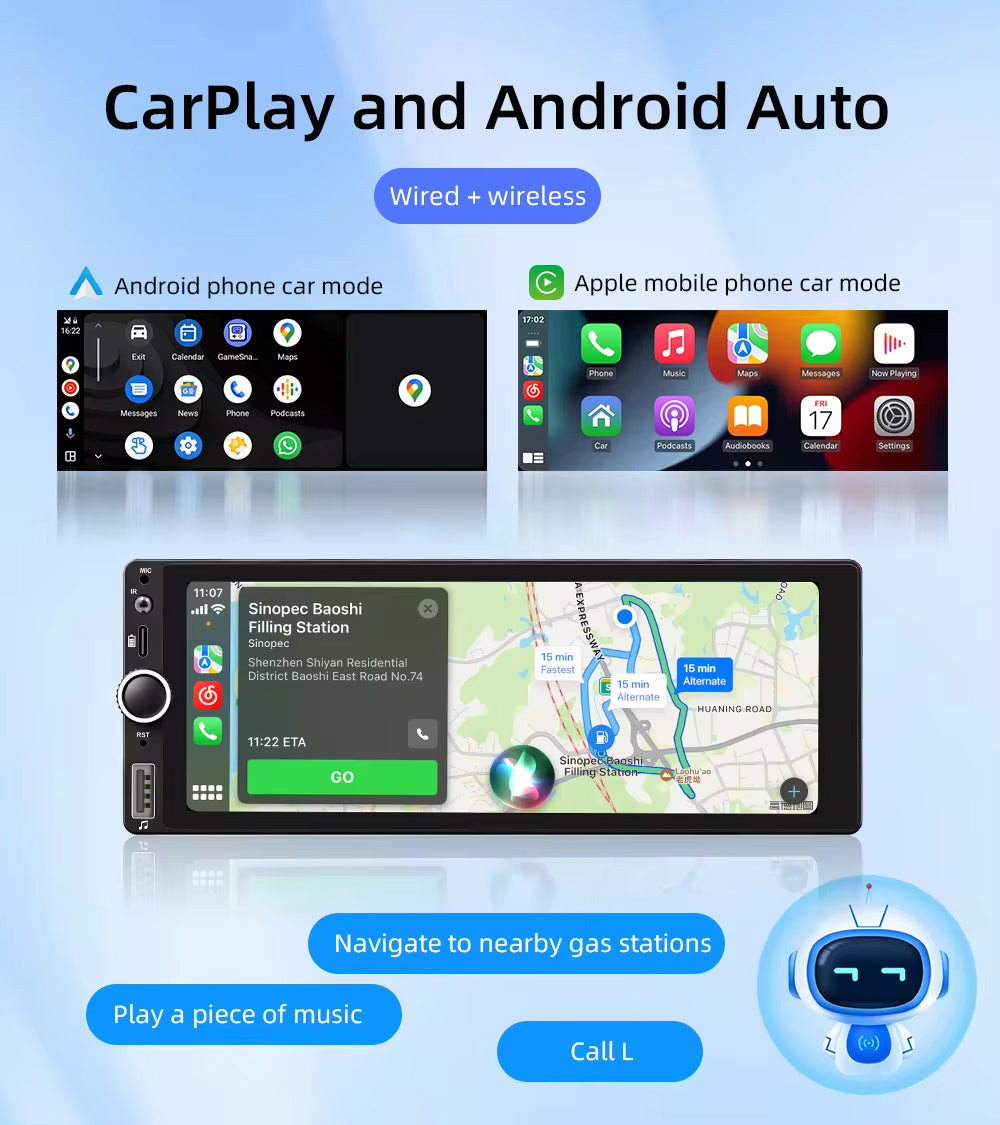 6.86" Single Din Wireless CarPlay Android Auto Rotary Volume Wheel