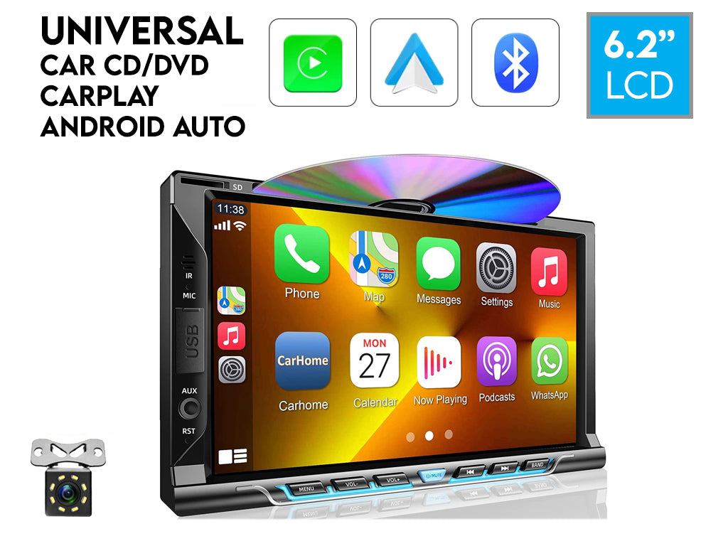 6.2" 2-Din CD/DVD Car Stereo - Wireless CarPlay & Android Auto, NZ FM Radio